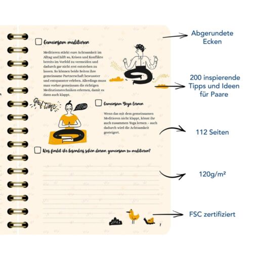 Notizbuchseite mit Illustrationen und deutschem Text zum Thema Meditation und Yoga für Paare, mit abgerundeten Ecken.