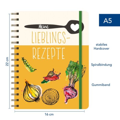 Ein deutsches Kochbuch mit Gemüse auf dem Umschlag, beschriftet mit „Meine Lieblingsrezepte“, Größe A5.