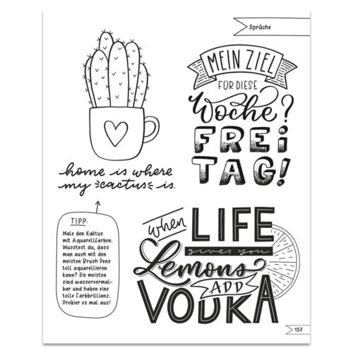 Schwarz-weißes Typografie-Poster mit Kakteen, motivierenden Sprüchen und einem getränkebezogenen Zitat auf Deutsch.
