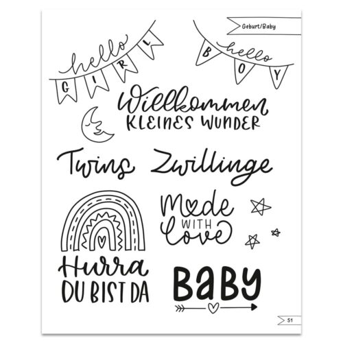 Illustrierter Text mit Sätzen über Babys, darunter „Hallo Junge/Mädchen“, „Zwillinge“, „Mit Liebe gemacht“ und ein Regenbogen.