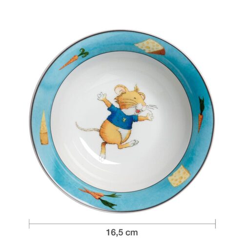 Bunte Schüssel mit springender Maus-Illustration, blauem Rand, Käse- und Karotten-Dekoration, 16,5 cm Durchmesser.