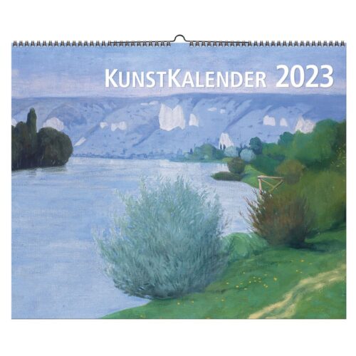 Kalendercover mit Landschaftsgemälde eines Flusses, Bäumen und fernen Hügeln. Der Text lautet „KunstKalender 2023“.