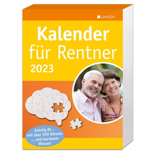 Orangefarbener Kalender 2023 für Rentner mit einem lächelnden Paar und einem Puzzleteil-Design.