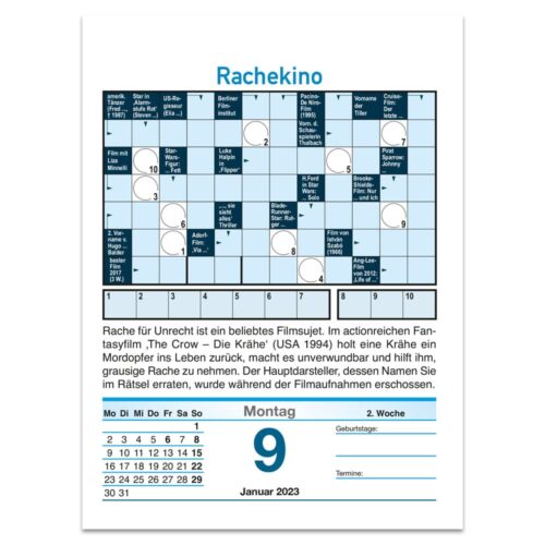 Ein Kreuzworträtsel-Kalenderblatt mit dem Titel „Rachekino“, datiert auf den 9. Januar 2023, in deutscher Sprache.