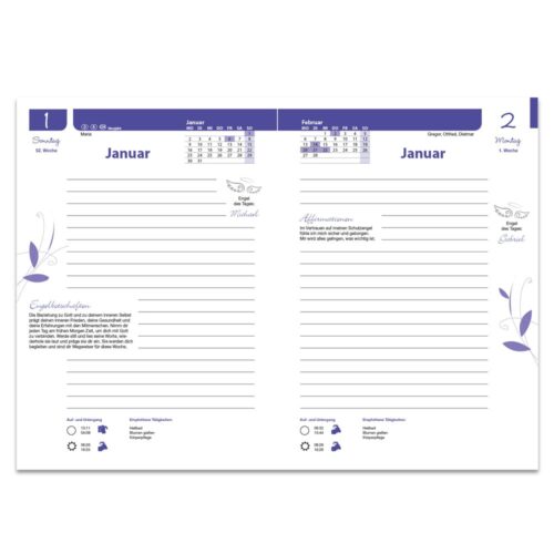 Offener Planer mit deutschem Text, blauen Akzenten, Kalender für Januar und Februar und floralen Dekorationen.