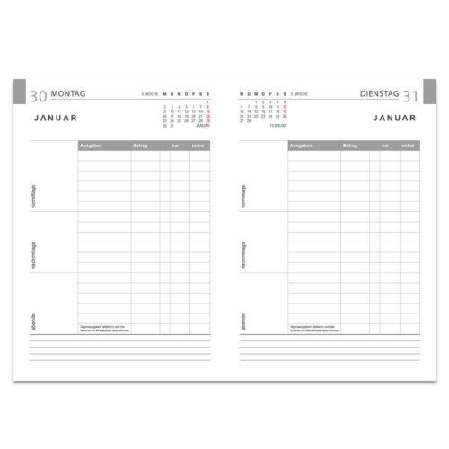 Offener Planer mit zwei Seiten: Montag, 30. und Dienstag, 31. Januar, mit Tabellen für Ausgaben und Notizen.