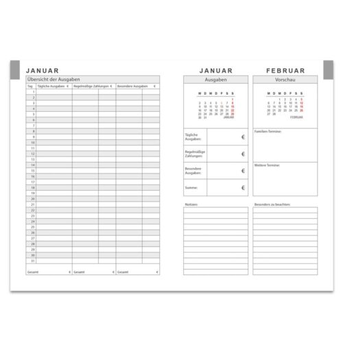 Öffnen Sie den Planer mit den Ausgabentabellen für Januar und Februar sowie Abschnitten für Notizen.