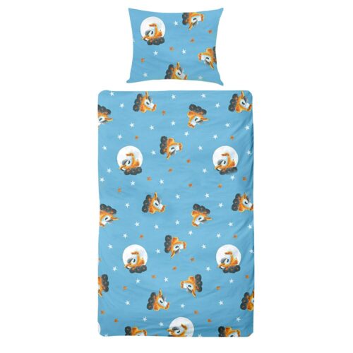 Blaues Bettwäscheset mit Cartoon-Fuchs- und Sternmuster.