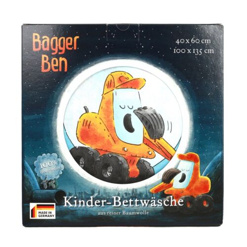 Kinderbettwäschebox mit der Illustration eines winkenden orangefarbenen Cartoon-Baggers.