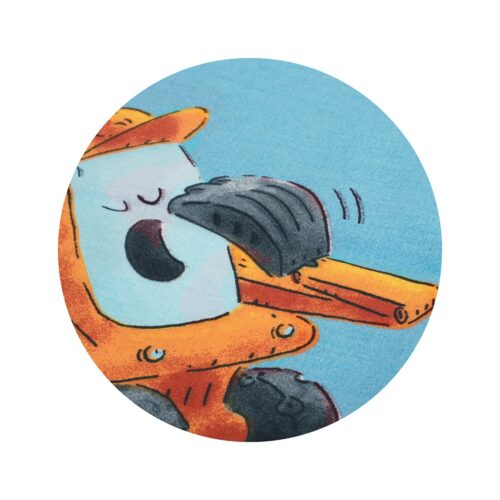 Cartoon-Eistüte auf einem Baubagger, der vor blauem Hintergrund einen Reifen frisst.