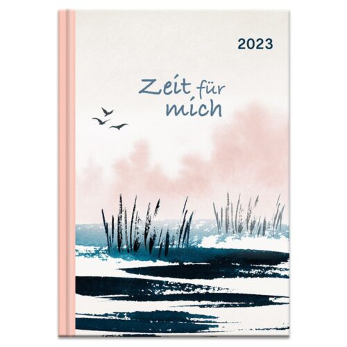 Cover eines Buches aus dem Jahr 2023 mit „Zeit für mich“, drei Vögeln und einer Aquarelllandschaft aus Gras und Wasser.