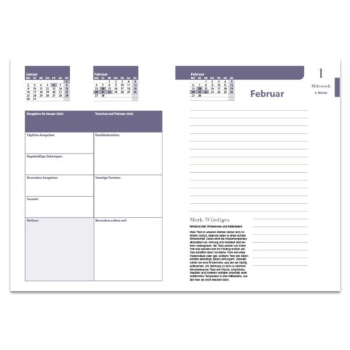 Offener Planer mit Monatskalender, linierten Seiten und Abschnitten für Notizen und wichtige Termine.