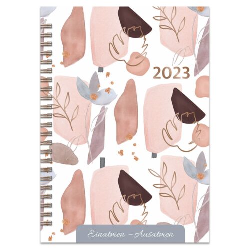 Planer 2023 mit abstraktem Blumendesign und deutschem Text „Einatmen – Ausatmen“.
