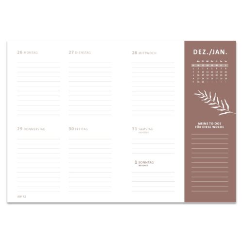 Wochenplanerseite mit deutschen Tagen, Kalender und To-Do-Liste-Abschnitt an der Seite.