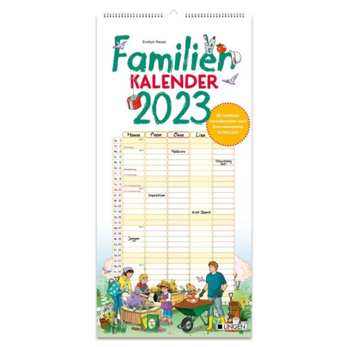 Familienkalender 2023 mit farbenfrohen Illustrationen und Platz für Namen und Aktivitäten.