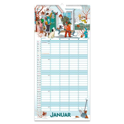 Illustriertes Kalenderblatt für Januar mit Menschen und Haustieren in einer Winterlandschaft.