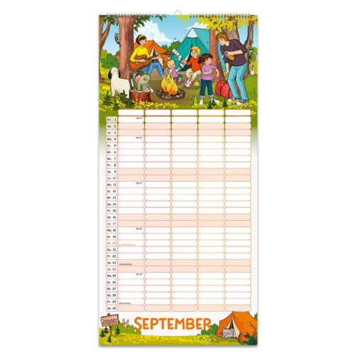 Illustrierter Septemberkalender mit einer Familiencampingszene: Zelte, Lagerfeuer, Bäume und Familie, die ihr Lager aufschlägt.