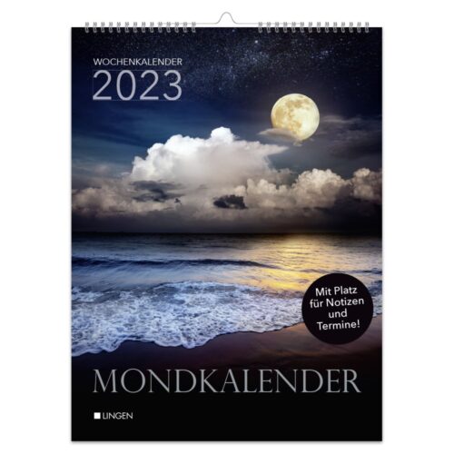 Wandkalender 2023 mit mondbeschienener Meeresszene und Platz für Notizen.