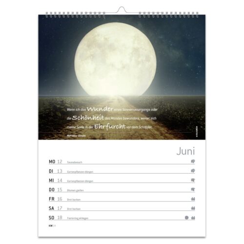 Kalenderblatt für Juni mit einem großen Vollmond und einem Zitat.