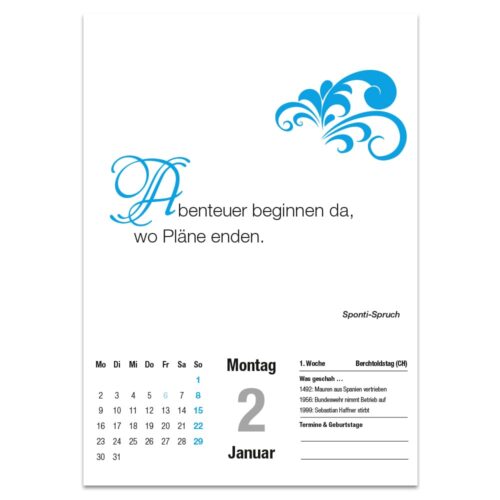 Ein Kalenderblatt in deutscher Sprache mit dekorativem „A“, floralem Muster und einem Zitat zum 2. Januar.