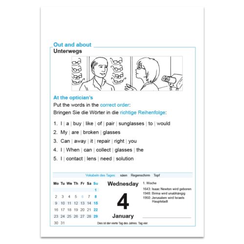 Eine Illustration von zwei Personen bei einem Optiker, mit einer Sprachübung und einem Kalenderdatum darunter.