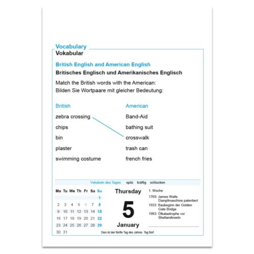 Spracharbeitsblatt zum Vergleich des Wortschatzes des britischen und amerikanischen Englisch, Kalenderdatum angezeigt als Donnerstag, 5. Januar.