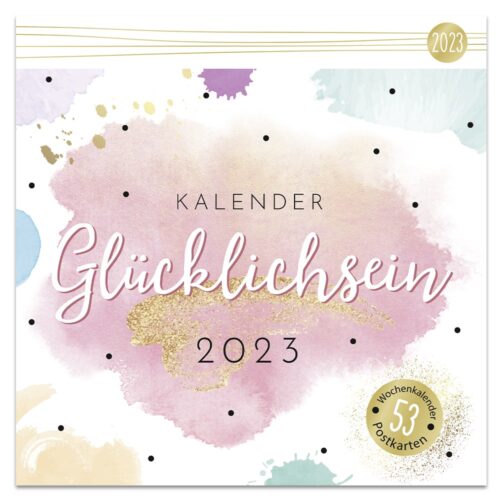 Cover eines deutschen Kalenders für 2023 mit Aquarellspritzern und goldenen Akzenten.
