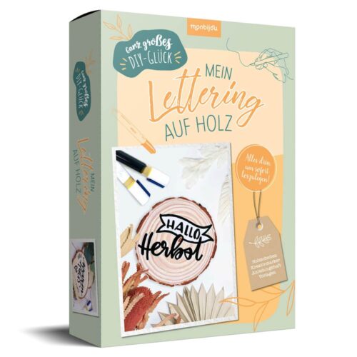 Holz-Lettering-Set zum Selbermachen mit Kalligrafie-Werkzeugen und Designs auf der Vorderseite.