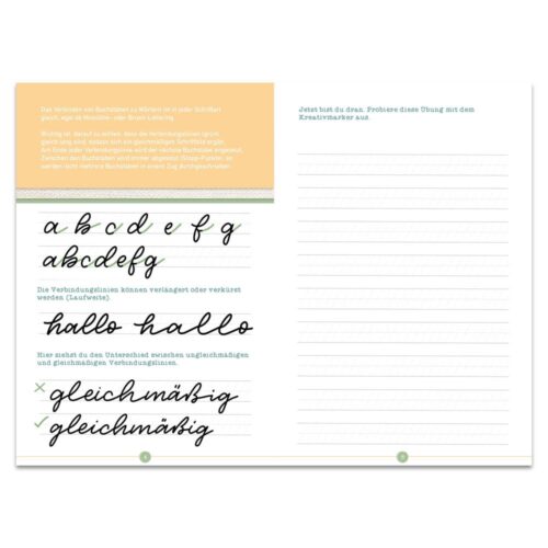 Eine Handschrift-Übungsseite für kursive Buchstaben und Wörter, mit geführten Linien und Beispieltext auf Deutsch.