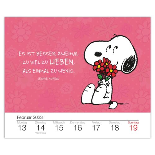 Snoopy hält Blumen mit einem Zitat auf Deutsch auf rosa Hintergrund, Kalenderseite Februar 2023.