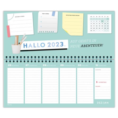 Wandkalender für Dezember 2022 und Januar 2023 mit der Botschaft „Hallo 2023“ und Platz für Notizen.