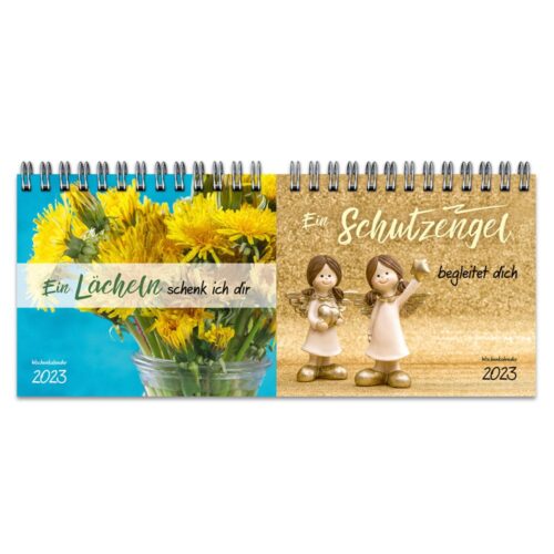 Zwei spiralgebundene Kalender für 2023 mit Blumen- und Engelmotiven auf Deutsch.