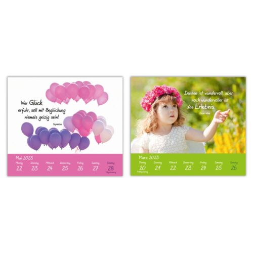 Kalenderseiten mit Luftballons und einem Mädchen mit Blumenkrone auf einer Wiese, mit deutschem Text und bunten Daten.