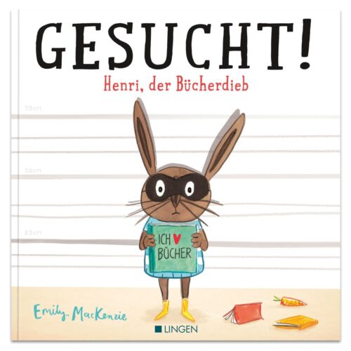 Illustriertes Buchcover: Kaninchen mit Maske hält ein Buch mit dem Titel „Ich ? Bücher“, auf dem Boden liegen Snacks.