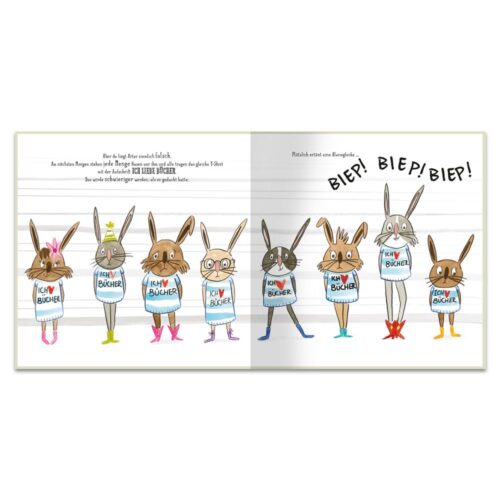 Illustrierte Hasen mit „ICH LIEBE BÜCHER“-Shirts, in einer Reihe stehend mit „BIEP! BIEP! BIEP!“ Text oben.