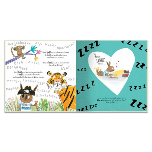 Kinderbuchseiten mit farbenfrohen Tierillustrationen und deutschem Text. Mit dabei: ein Hase und ein Tiger.