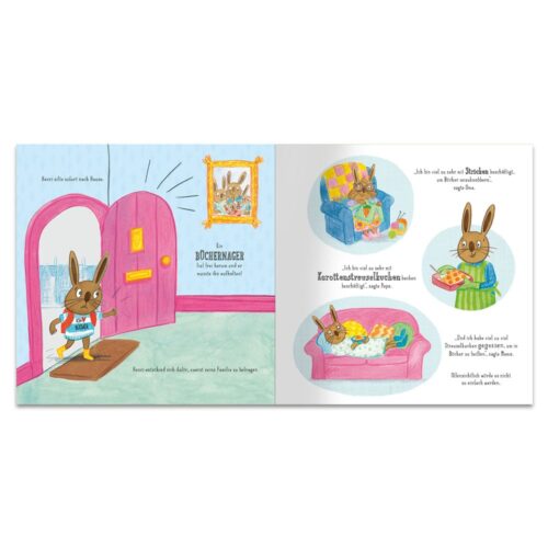 Illustriertes Kinderbuch mit anthropomorphen Kaninchen, einer rosa Tür und Wohnzimmerszenen.