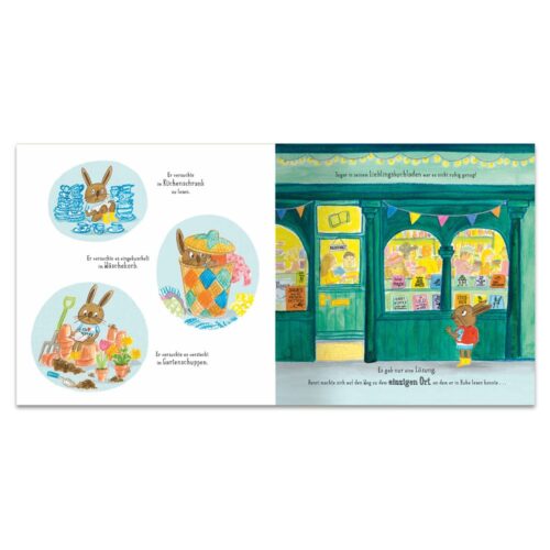 Illustrierte Kinderbuchseiten mit aktiven Kaninchen und einem Kaninchen in einer Buchhandlung.