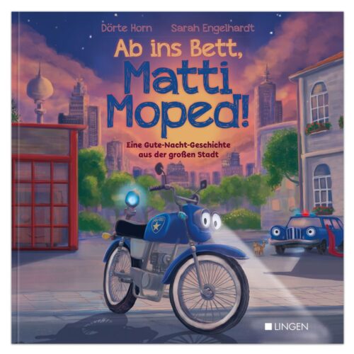 Kinderbuchcover mit einem fröhlichen blauen Moped in einer Stadtkulisse bei Sonnenuntergang.