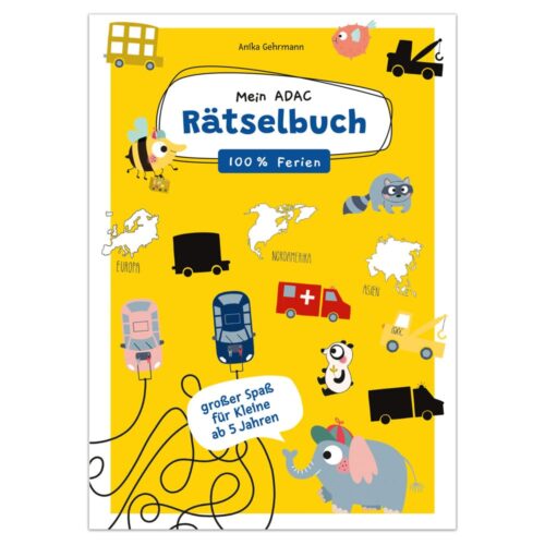 Gelber Puzzlebucheinband für Kinder mit Tieren, Fahrzeugen und Karten aus Europa, Afrika und Asien.