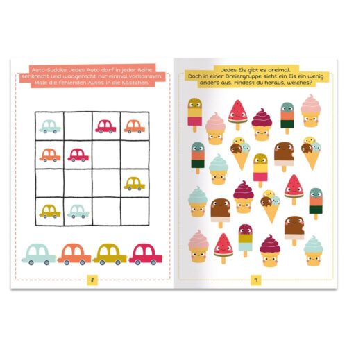 Rätselbuchseiten mit Auto-Sudoku und Eiscreme-Zuordnungsaktivitäten.