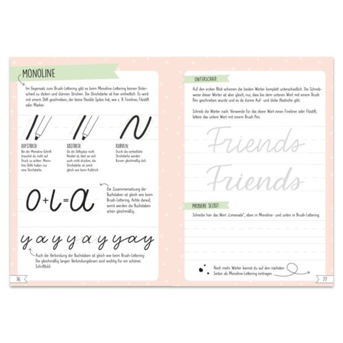 Notizbuchseiten mit Monoline-Lettering-Techniken mit Beispielen und praktischen Übungen.