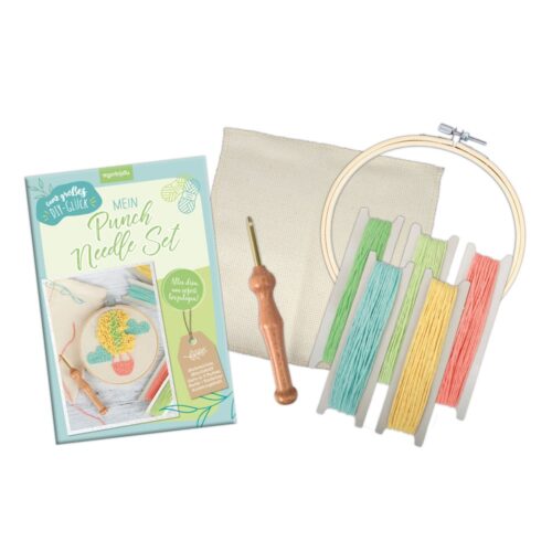 Punch-Needle-Set mit Rahmen, Fäden, Nadelwerkzeug, Stoff und Anleitungsheft.