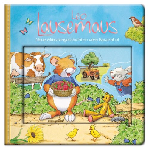 Kinderbuchcover mit illustrierten Tieren, darunter eine Maus mit Erdbeeren, auf einem Bauernhof.
