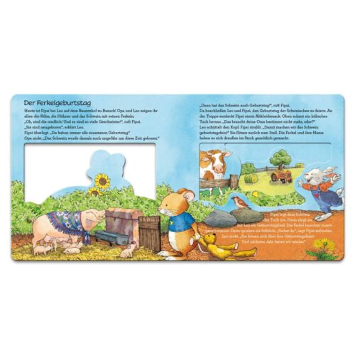 Kinderbuchseite mit Bauernhoftieren, darunter ein Schwein, eine Maus, ein Hund und eine Kuh in einer farbenfrohen ländlichen Szene.