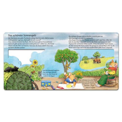 Illustration einer Familie, die im Freien entspannt, mit Text auf Deutsch. Enthält Bäume, ein Picknick und einen malerischen Hintergrund.