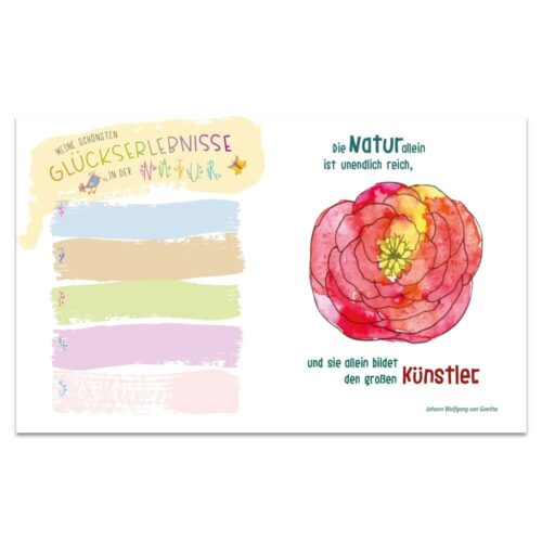 Bunte Seite mit einer Blume und einem Goethe-Zitat über Natur und Kunst. Abschnitte auf der linken Seite für Kritzeleien oder Notizen.