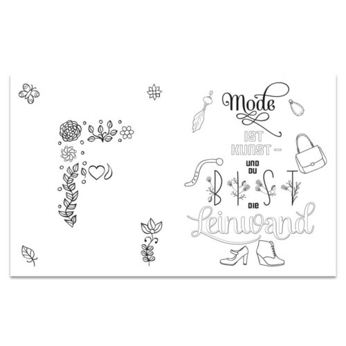Stilisierter Text und Illustrationen von Modeartikeln, Blumen und Blättern auf weißem Hintergrund.