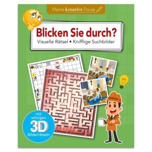 Cover mit „Blicken Sie durch?“-Text, mit Rätseln, einem Detektiv-Cartoon und 3D-Rätsel-Ankündigung.