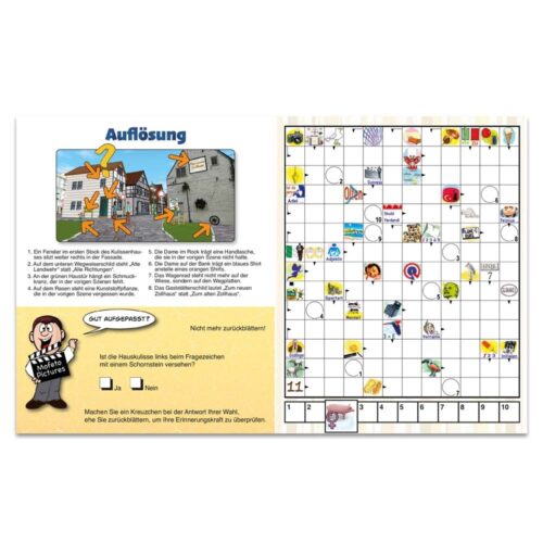 Deutsche Rätsel- und Quizseite mit Cartoon-Illustrationen und einem Kreuzworträtsel.